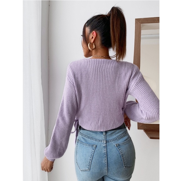Lavender Knit Wrap V-Neck Crop Sweater - Picture 2 of 8